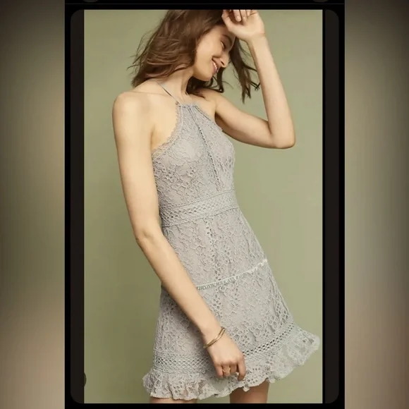 $168 Anthropologie Foxiedox Aquamarine Green Lace Halter Sleeveless Mini size S - Picture 1 of 10